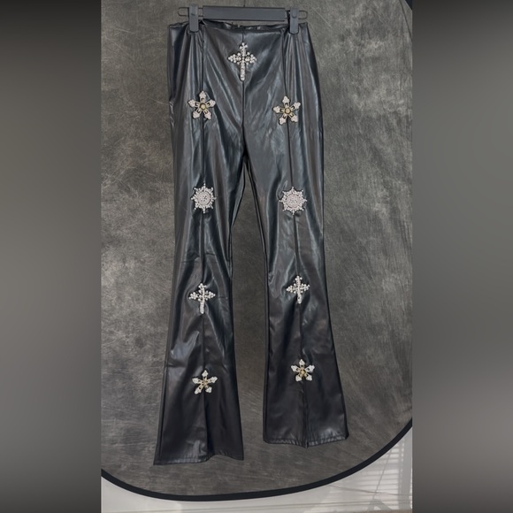 Fashion Nova Faux Leather Rhinestone Crop Top & Flare Pants Set | Black | M - Picture 6 of 15